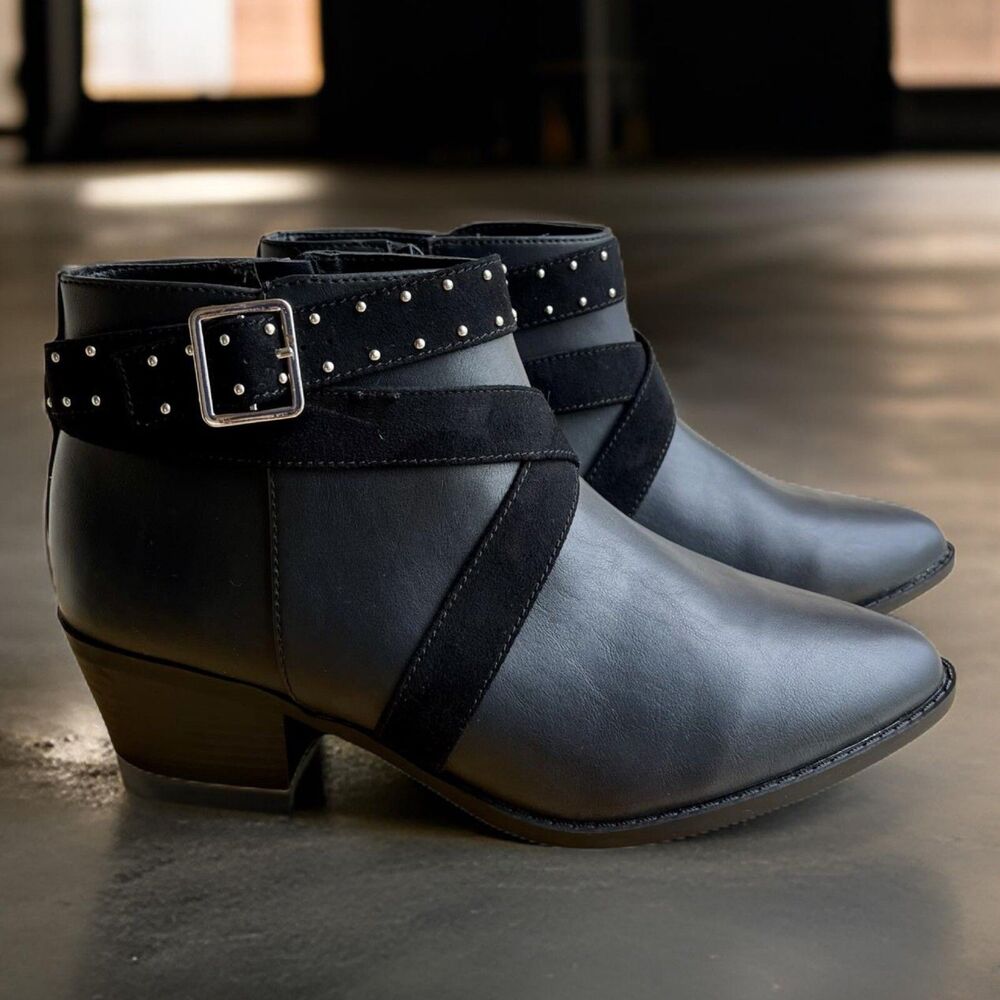 Catherine’s Good Soles Ankle Boots Women’s 11 Black Studded Buckle Faux Leather